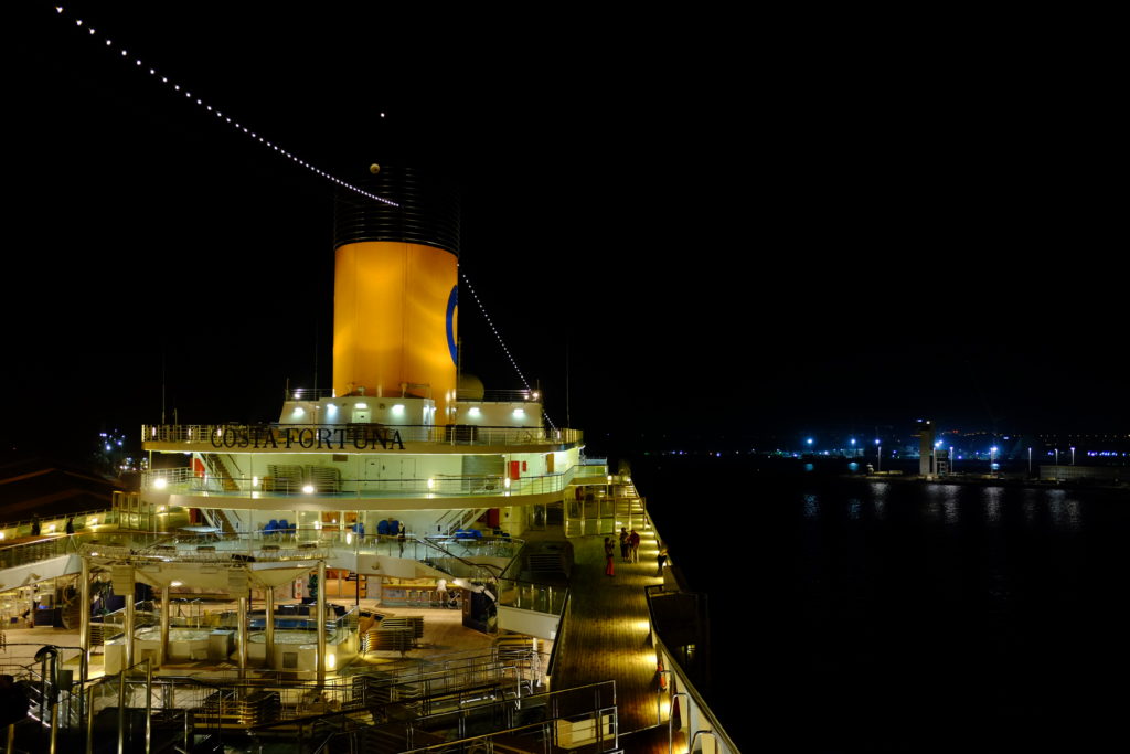 Costa Fortuna boat at night with the fujifilm X100S