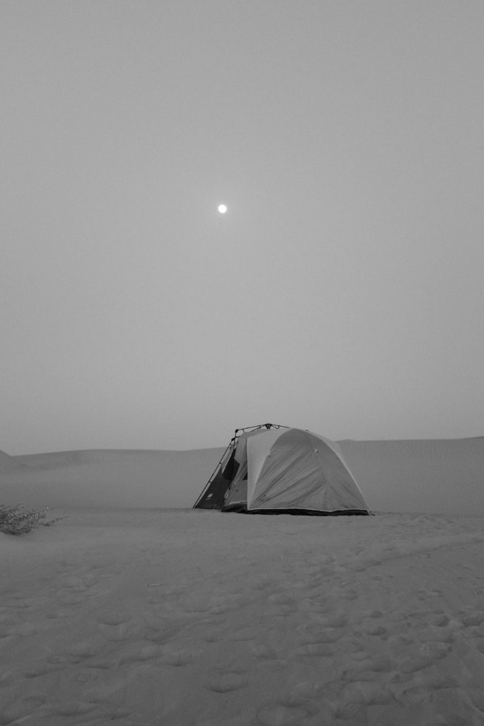 tent with moon in desert, shot with fuji X100s